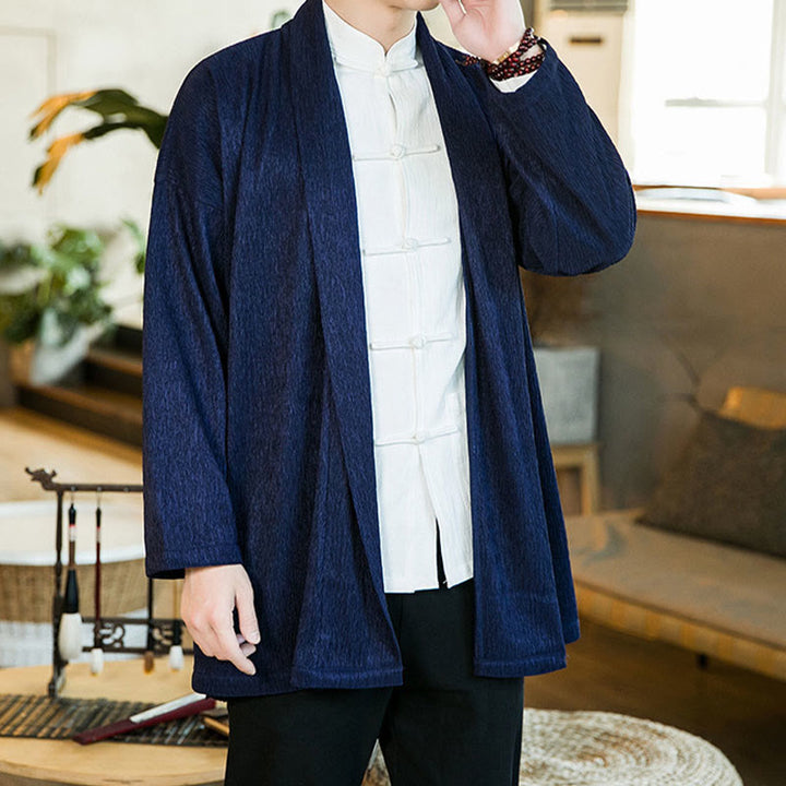 Buddha Stones春の純色オープンフロントコットンリネンメンズ長袖ジャケット着物 - image 16