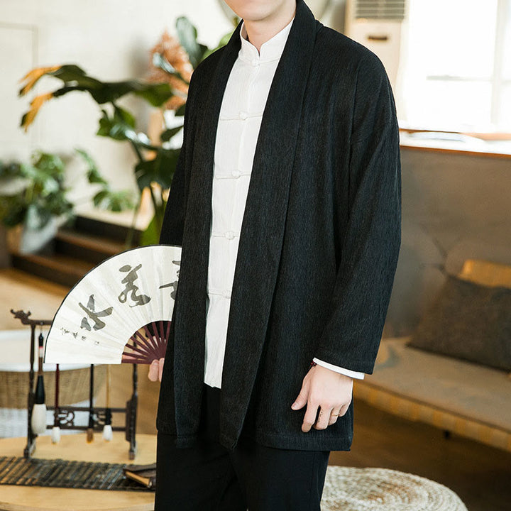 Buddha Stones春の純色オープンフロントコットンリネンメンズ長袖ジャケット着物 - 黒 - US/UK/AU46、 EU56 (5XL) - image 1