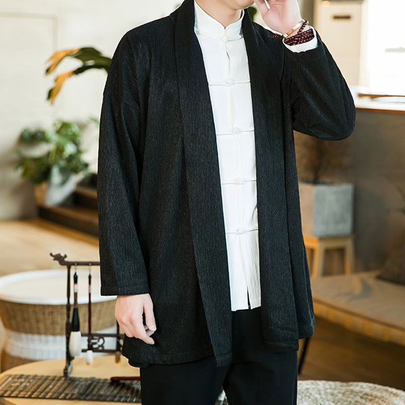 Buddha Stones春の純色オープンフロントコットンリネンメンズ長袖ジャケット着物 - image 6