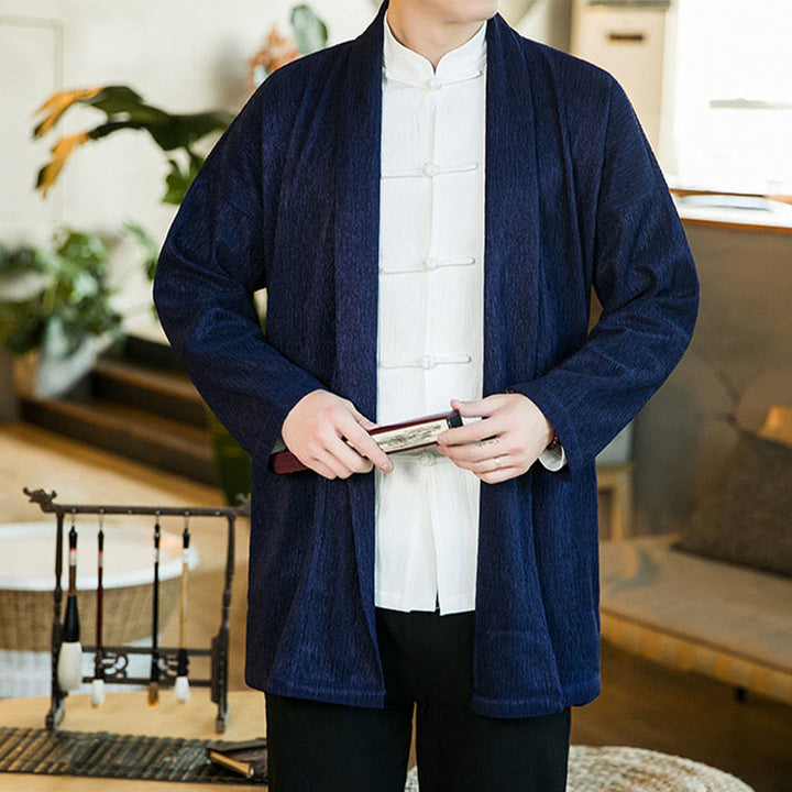 Buddha Stones春の純色オープンフロントコットンリネンメンズ長袖ジャケット着物 - image 15