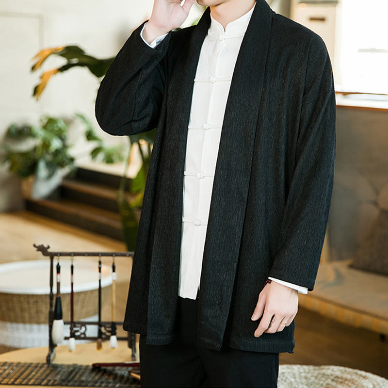 Buddha Stones春の純色オープンフロントコットンリネンメンズ長袖ジャケット着物 - image 4