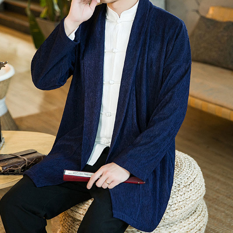 Buddha Stones春の純色オープンフロントコットンリネンメンズ長袖ジャケット着物 - image 17