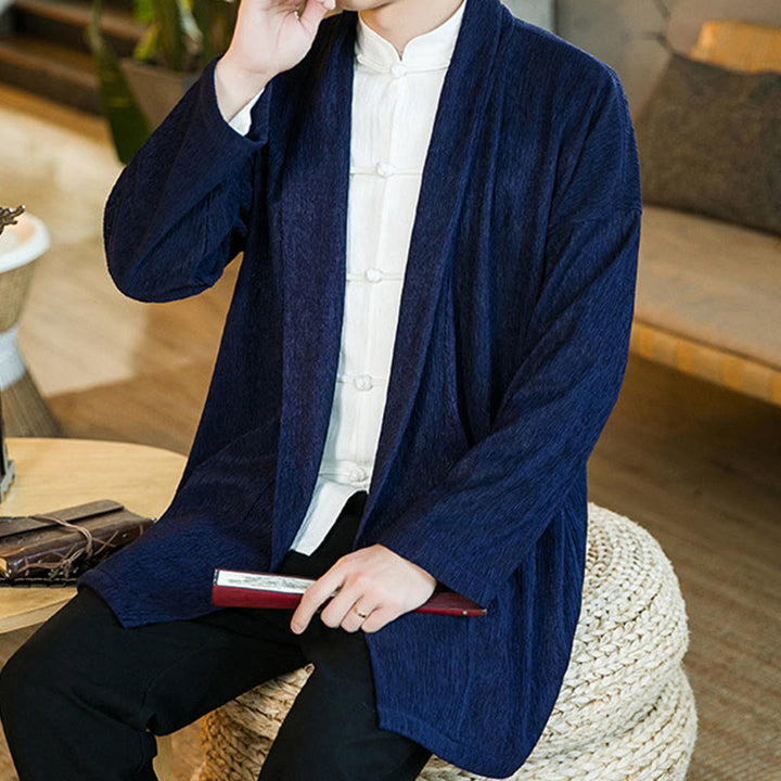 Buddha Stones春の純色オープンフロントコットンリネンメンズ長袖ジャケット着物 - image 17