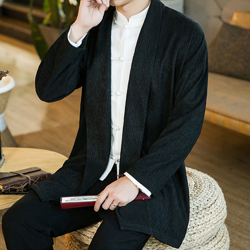 Buddha Stones春の純色オープンフロントコットンリネンメンズ長袖ジャケット着物 - image 8