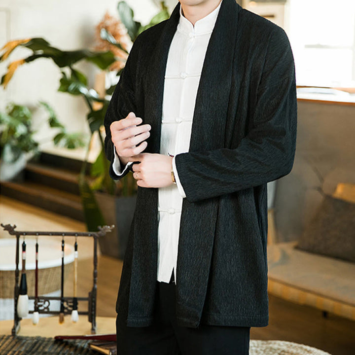 Buddha Stones春の純色オープンフロントコットンリネンメンズ長袖ジャケット着物 - image 7