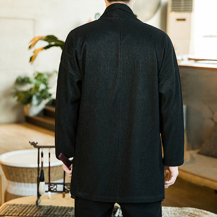 Buddha Stones春の純色オープンフロントコットンリネンメンズ長袖ジャケット着物 - image 3