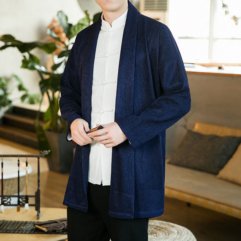 Buddha Stones春の純色オープンフロントコットンリネンメンズ長袖ジャケット着物 - ミッドナイトブルー - US/UK/AU46、 EU56 (5XL) - image 11