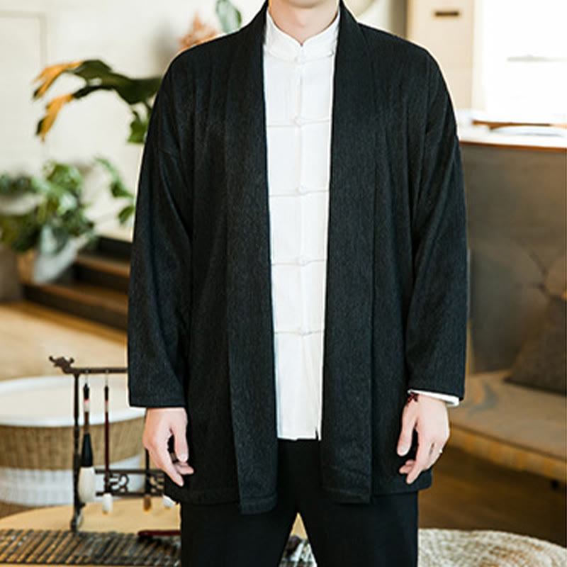 Buddha Stones春の純色オープンフロントコットンリネンメンズ長袖ジャケット着物 - image 5