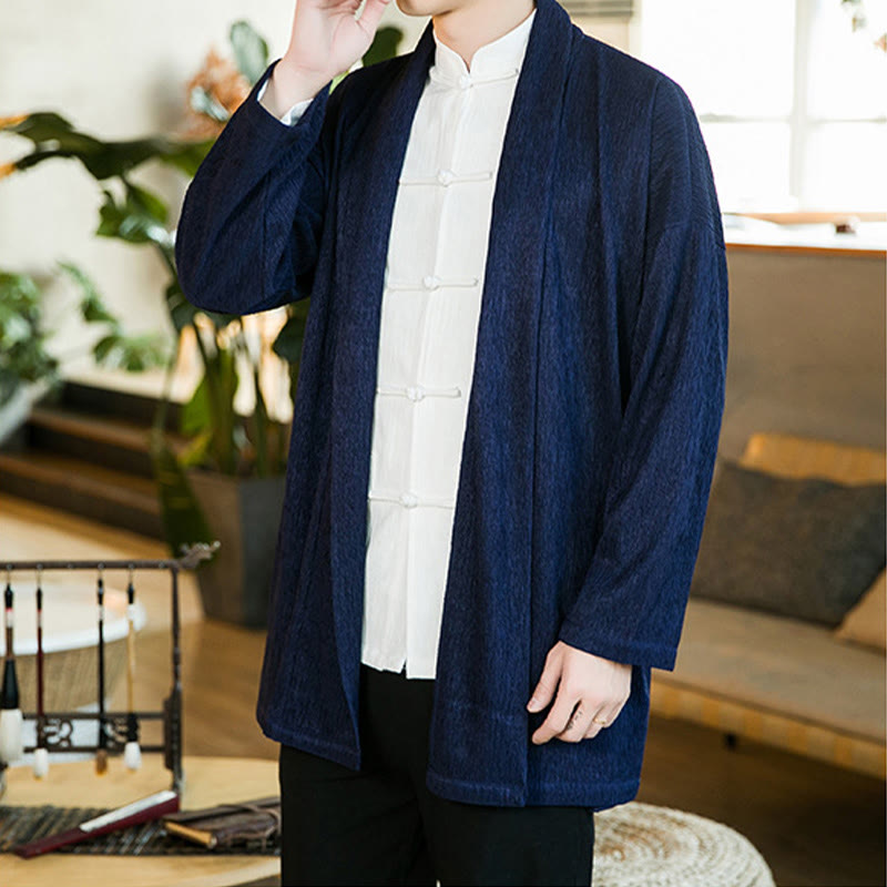 Buddha Stones春の純色オープンフロントコットンリネンメンズ長袖ジャケット着物 - image 14