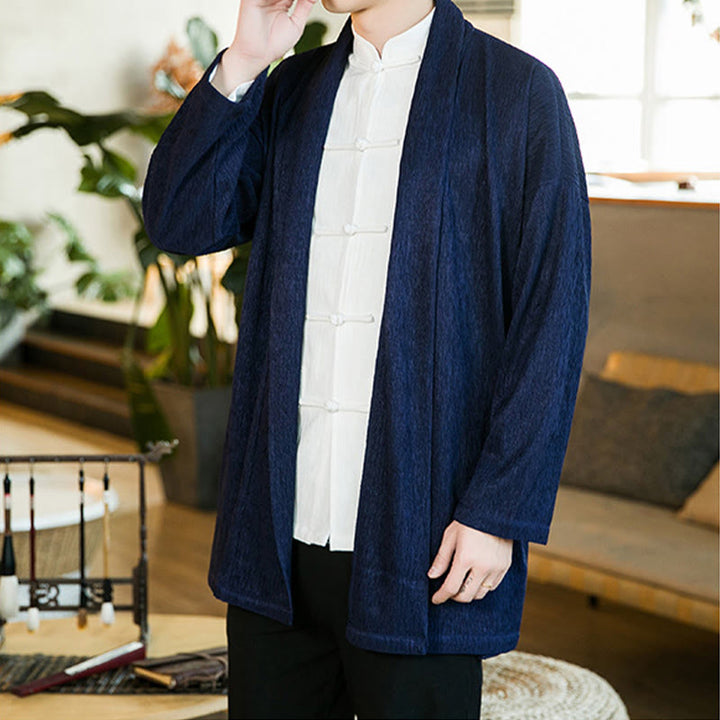 Buddha Stones春の純色オープンフロントコットンリネンメンズ長袖ジャケット着物 - image 14