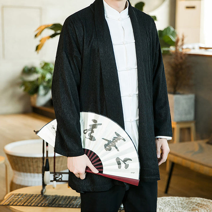 Buddha Stones春の純色オープンフロントコットンリネンメンズ長袖ジャケット着物 - image 2