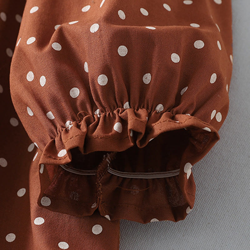 Buddha Stones春のドット柄フリルクルーネック長袖コットンリネンミディドレス ポケット付き - image 6