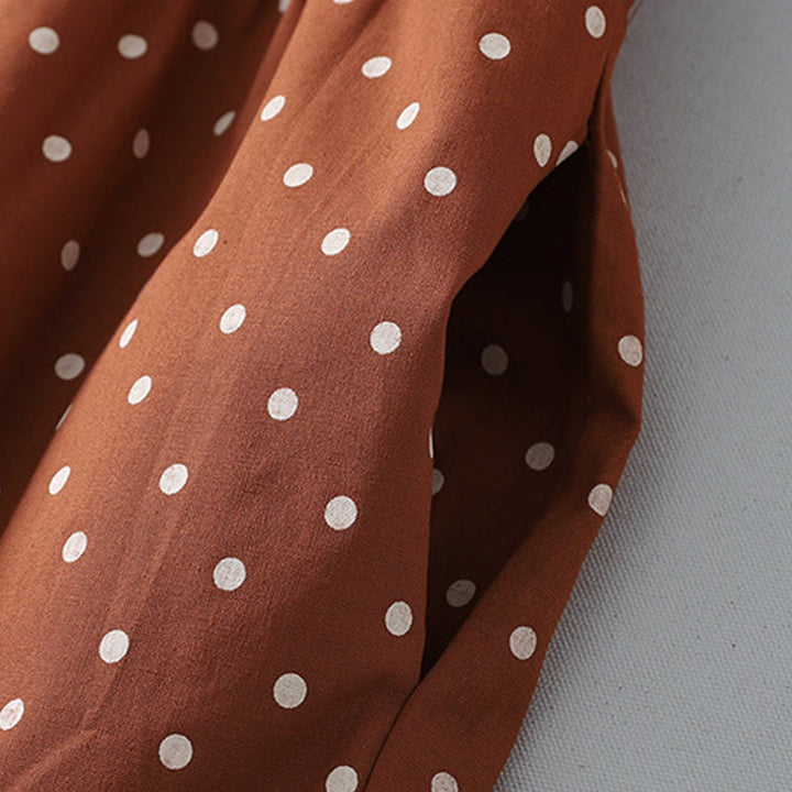 Buddha Stones春のドット柄フリルクルーネック長袖コットンリネンミディドレス ポケット付き - image 7