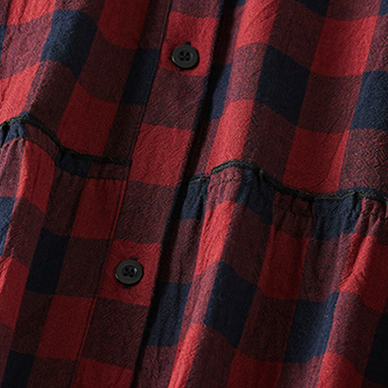 Buddha Stonesのコントラストカラーのチェック柄ボタンデザインコットンリネンの長袖ミディドレス(ポケット付き) - image 15