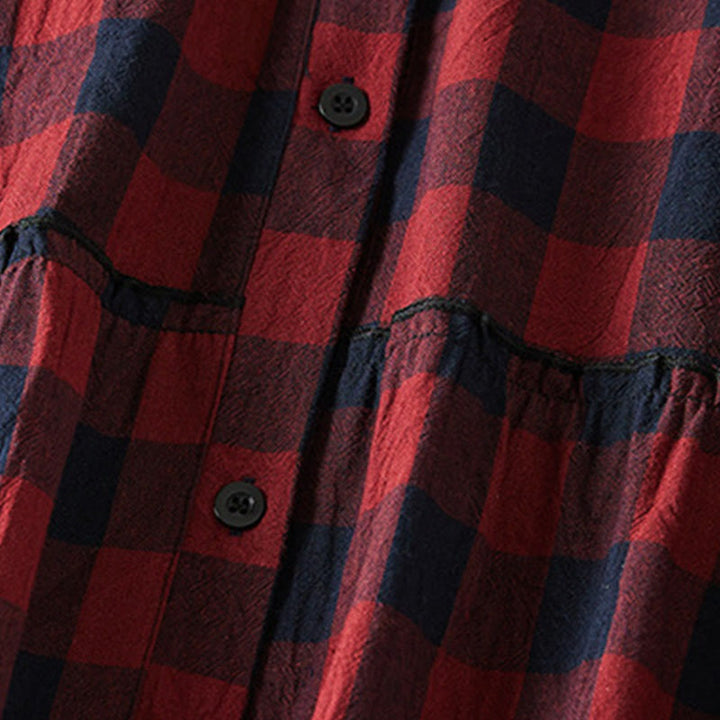 Buddha Stonesのコントラストカラーのチェック柄ボタンデザインコットンリネンの長袖ミディドレス(ポケット付き) - image 15