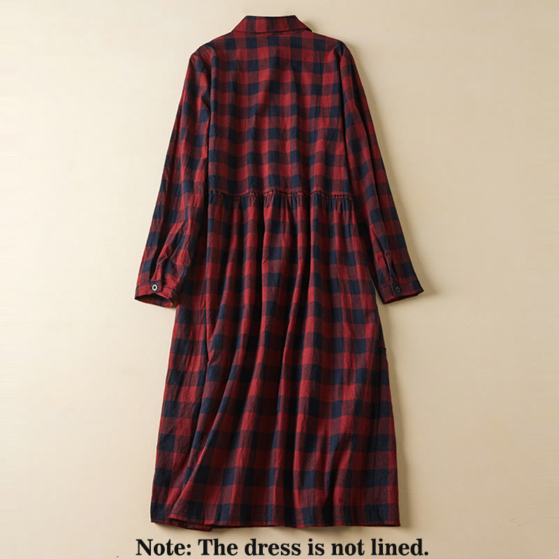 Buddha Stonesのコントラストカラーのチェック柄ボタンデザインコットンリネンの長袖ミディドレス(ポケット付き) - image 13