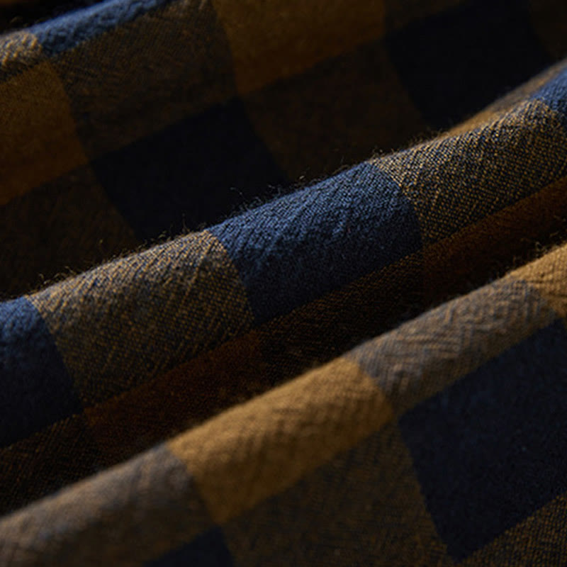 Buddha Stonesのコントラストカラーのチェック柄ボタンデザインコットンリネンの長袖ミディドレス(ポケット付き) - image 6