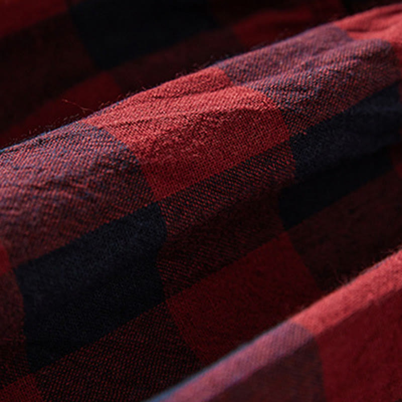 Buddha Stonesのコントラストカラーのチェック柄ボタンデザインコットンリネンの長袖ミディドレス(ポケット付き) - image 17