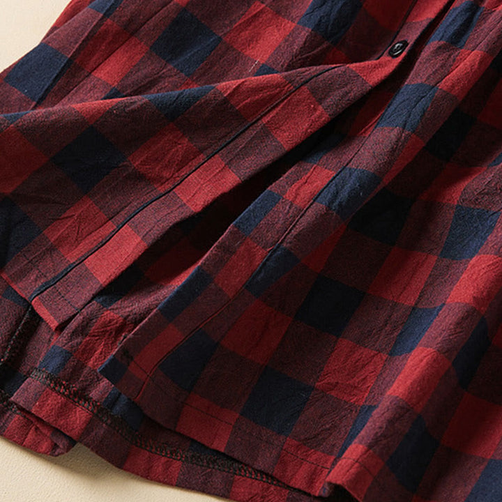 Buddha Stonesのコントラストカラーのチェック柄ボタンデザインコットンリネンの長袖ミディドレス(ポケット付き) - image 21