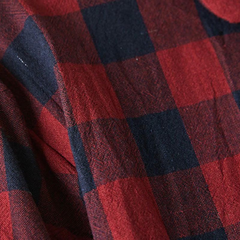 Buddha Stonesのコントラストカラーのチェック柄ボタンデザインコットンリネンの長袖ミディドレス(ポケット付き) - image 16