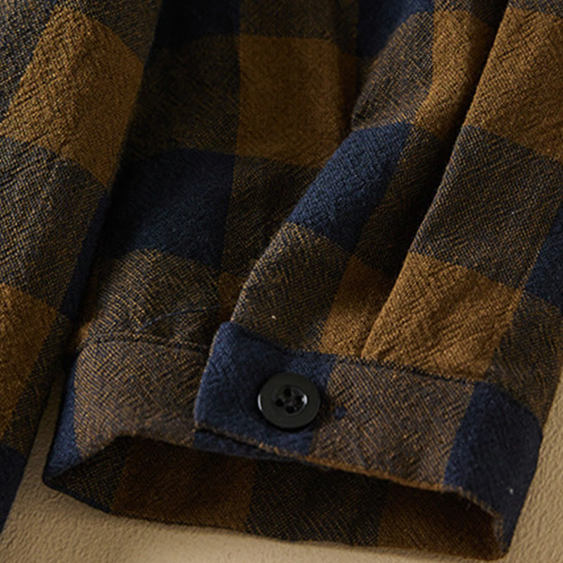 Buddha Stonesのコントラストカラーのチェック柄ボタンデザインコットンリネンの長袖ミディドレス(ポケット付き) - image 9