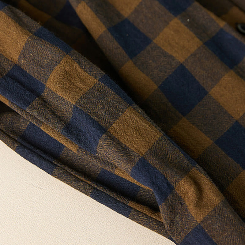 Buddha Stonesのコントラストカラーのチェック柄ボタンデザインコットンリネンの長袖ミディドレス(ポケット付き) - image 8