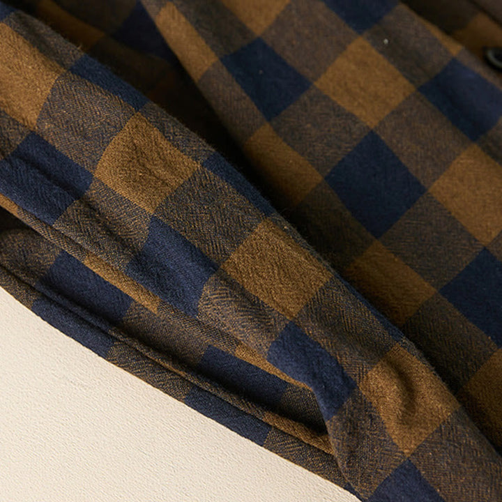 Buddha Stonesのコントラストカラーのチェック柄ボタンデザインコットンリネンの長袖ミディドレス(ポケット付き) - image 8