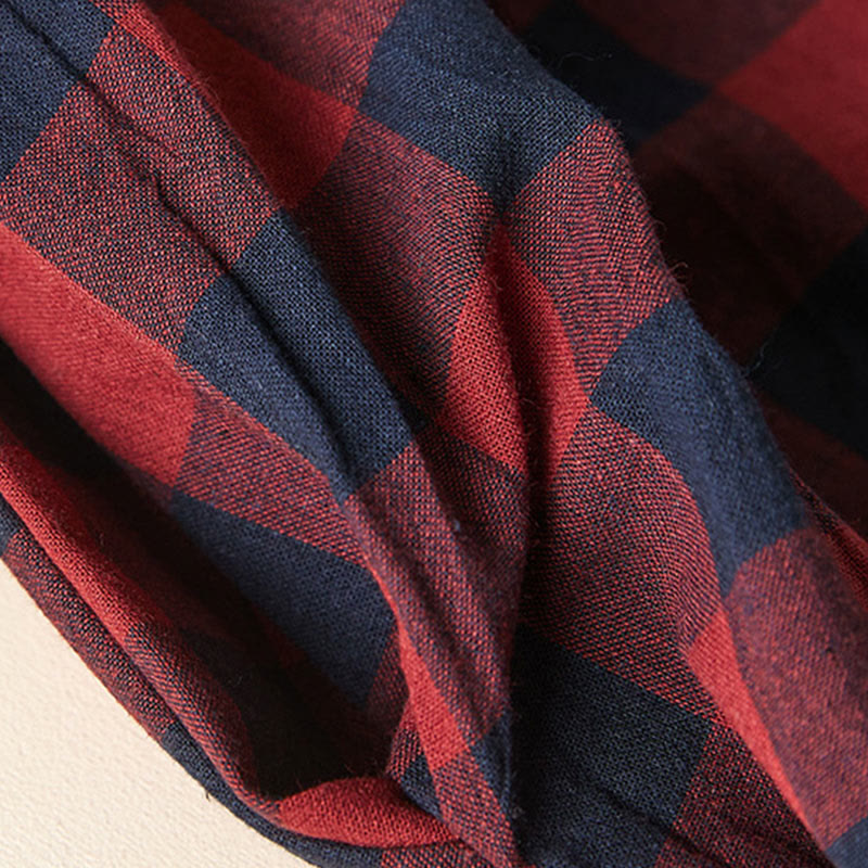 Buddha Stonesのコントラストカラーのチェック柄ボタンデザインコットンリネンの長袖ミディドレス(ポケット付き) - image 18