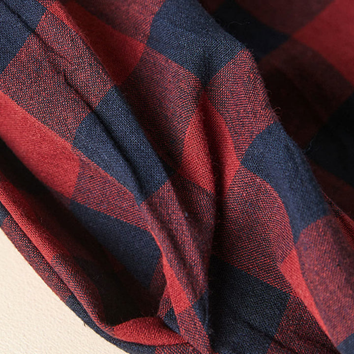 Buddha Stonesのコントラストカラーのチェック柄ボタンデザインコットンリネンの長袖ミディドレス(ポケット付き) - image 18