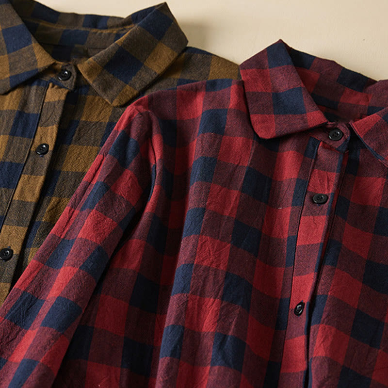 Buddha Stonesのコントラストカラーのチェック柄ボタンデザインコットンリネンの長袖ミディドレス(ポケット付き) - image 23