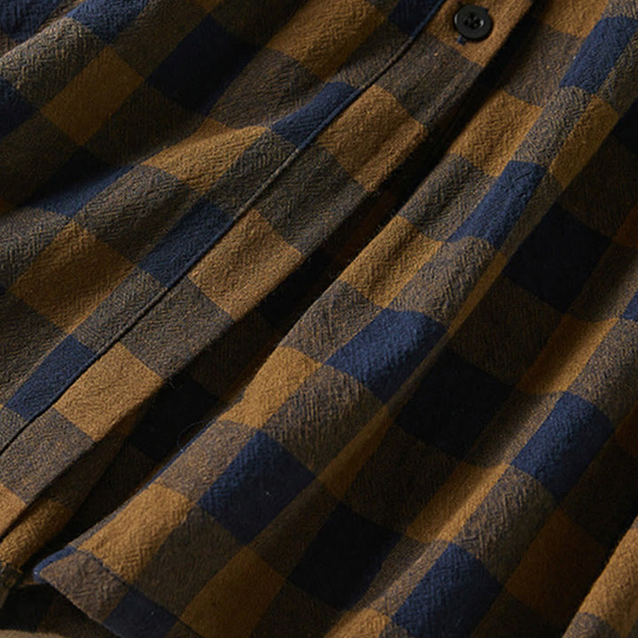 Buddha Stonesのコントラストカラーのチェック柄ボタンデザインコットンリネンの長袖ミディドレス(ポケット付き) - image 7