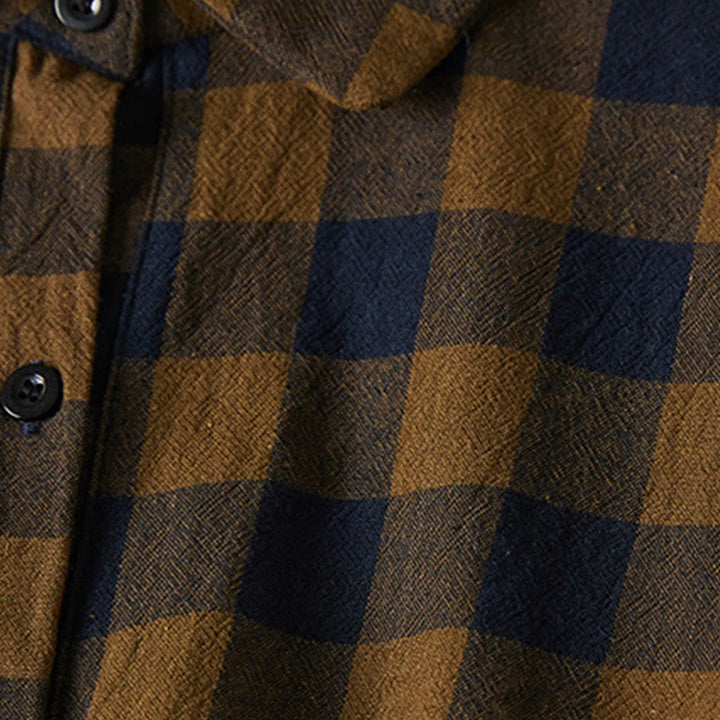 Buddha Stonesのコントラストカラーのチェック柄ボタンデザインコットンリネンの長袖ミディドレス(ポケット付き) - image 4