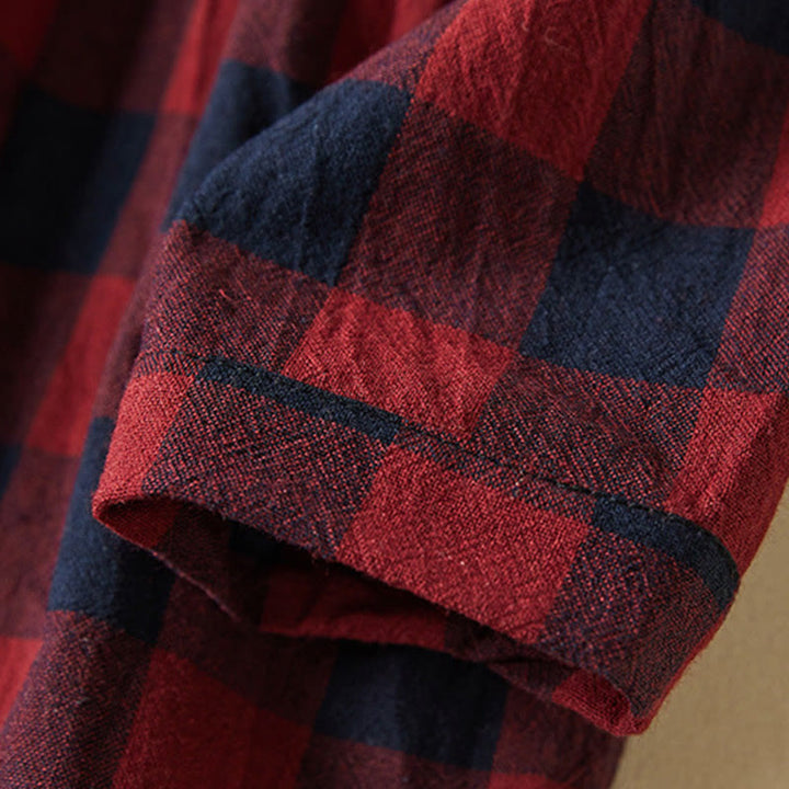 Buddha Stonesのコントラストカラーのチェック柄ボタンデザインコットンリネンの長袖ミディドレス(ポケット付き) - image 20