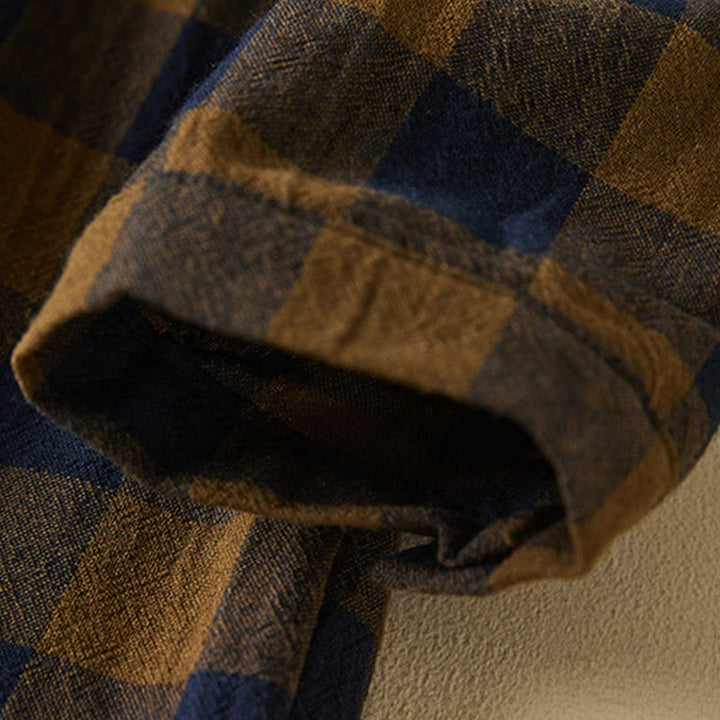 Buddha Stonesのコントラストカラーのチェック柄ボタンデザインコットンリネンの長袖ミディドレス(ポケット付き) - image 10