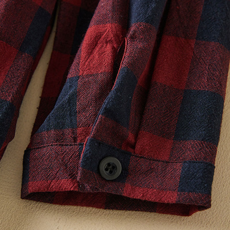 Buddha Stonesのコントラストカラーのチェック柄ボタンデザインコットンリネンの長袖ミディドレス(ポケット付き) - image 19