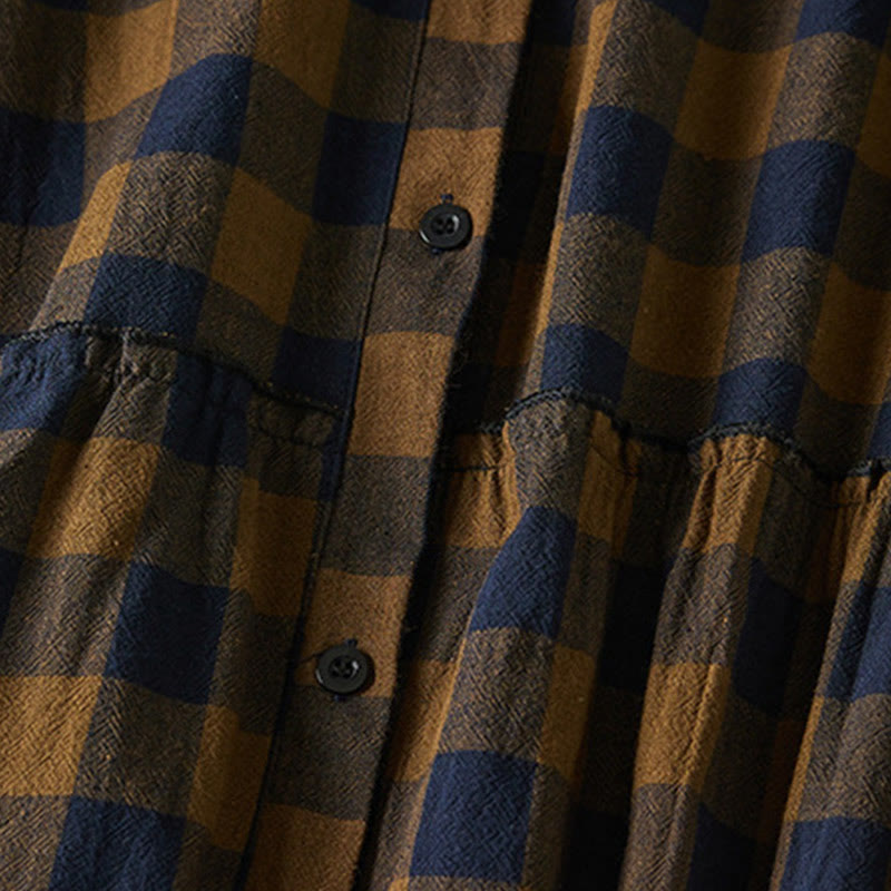 Buddha Stonesのコントラストカラーのチェック柄ボタンデザインコットンリネンの長袖ミディドレス(ポケット付き) - image 5