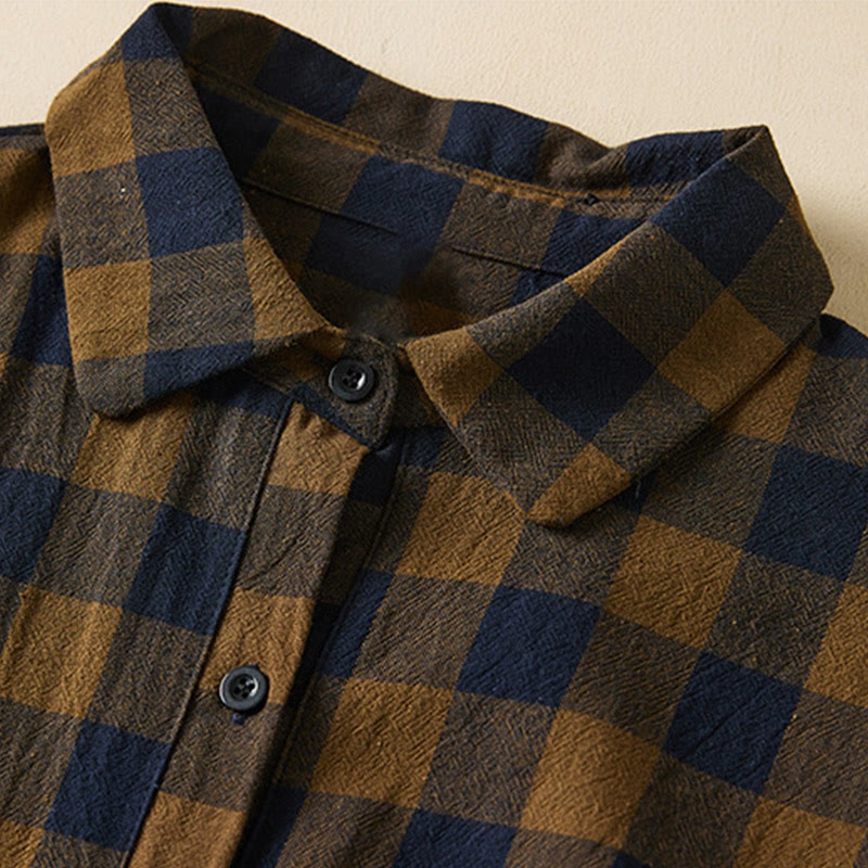 Buddha Stonesのコントラストカラーのチェック柄ボタンデザインコットンリネンの長袖ミディドレス(ポケット付き) - image 3