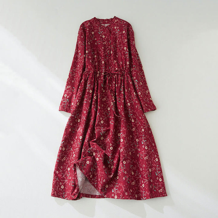 Buddha Stonesエスニックプリント 花柄 レースアップデザイン 長袖 コットンリネン ミディドレス - クリムゾン - US8-10,UK/AU12-14,EU40-42 (2XL) - image 9