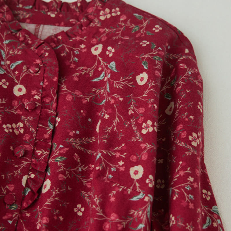 Buddha Stonesエスニックプリント 花柄 レースアップデザイン 長袖 コットンリネン ミディドレス - image 12