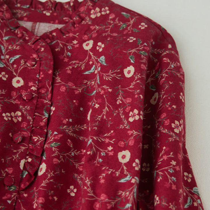 Buddha Stonesエスニックプリント 花柄 レースアップデザイン 長袖 コットンリネン ミディドレス - image 12