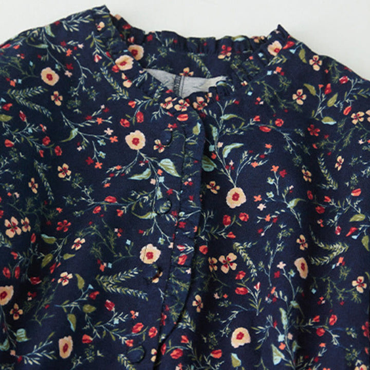 Buddha Stonesエスニックプリント 花柄 レースアップデザイン 長袖 コットンリネン ミディドレス - image 3