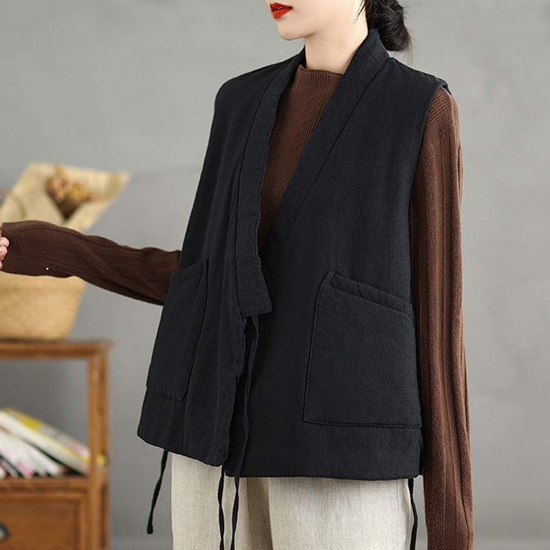 Buddha Stones無地レースアップ レディース ノースリーブ コットンベスト ウエストコート ポケット付き - image 5