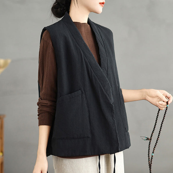 Buddha Stones無地レースアップ レディース ノースリーブ コットンベスト ウエストコート ポケット付き - image 6