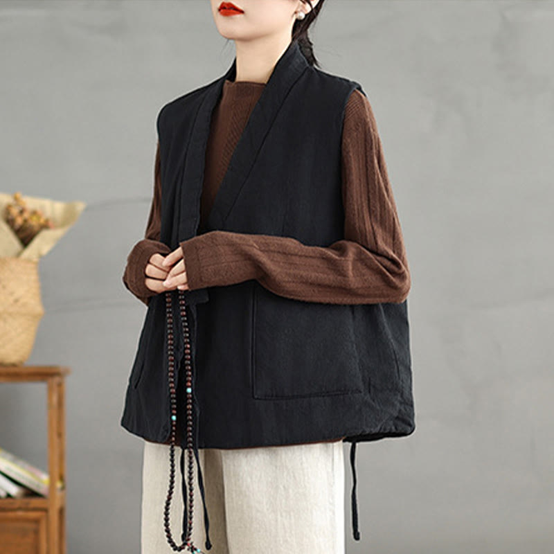 Buddha Stones無地レースアップ レディース ノースリーブ コットンベスト ウエストコート ポケット付き - image 2