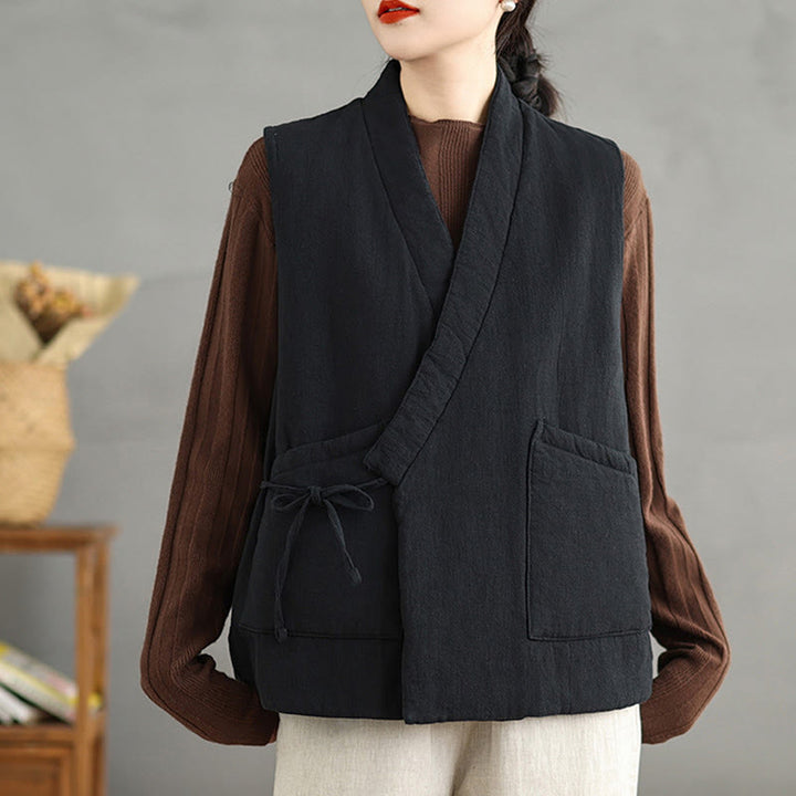 Buddha Stones無地レースアップ レディース ノースリーブ コットンベスト ウエストコート ポケット付き - 黒 - US12、 UK/AU16、 EU44 (2XL) - image 1