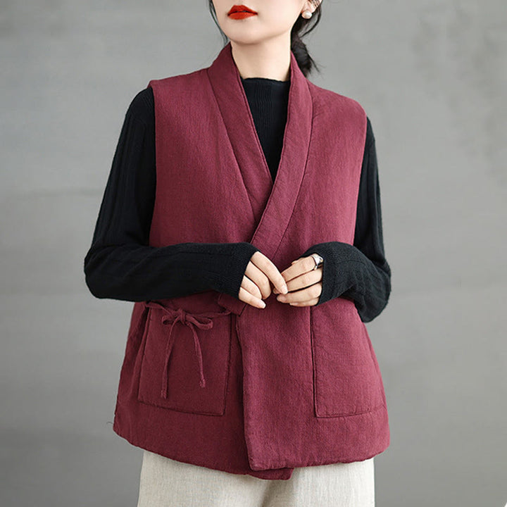 Buddha Stones無地レースアップ レディース ノースリーブ コットンベスト ウエストコート ポケット付き - インディアンレッド - US12、 UK/AU16、 EU44 (2XL) - image 7