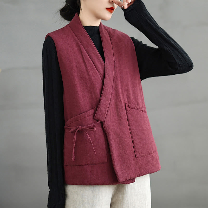 Buddha Stones無地レースアップ レディース ノースリーブ コットンベスト ウエストコート ポケット付き - image 10