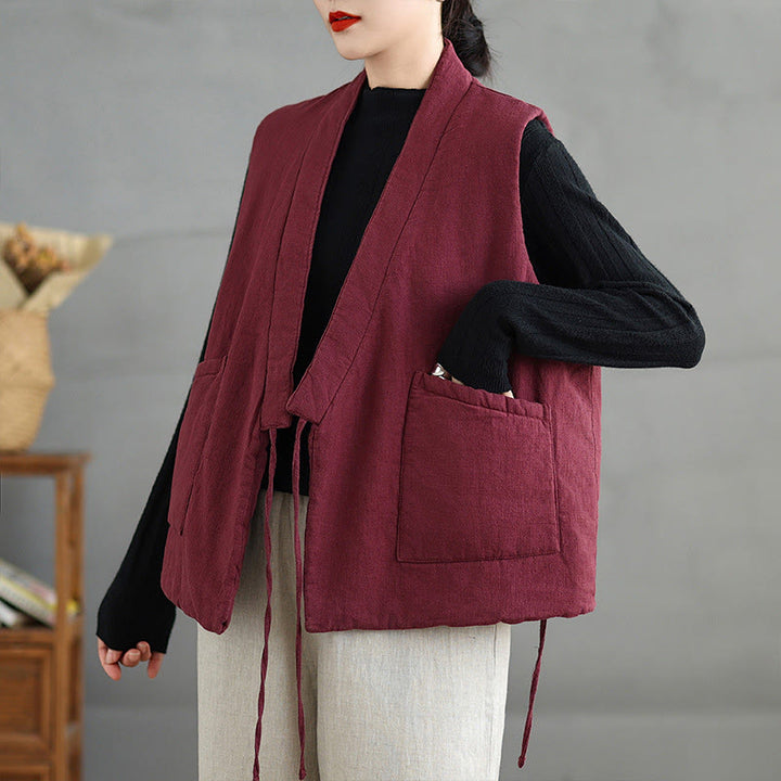 Buddha Stones無地レースアップ レディース ノースリーブ コットンベスト ウエストコート ポケット付き - image 8