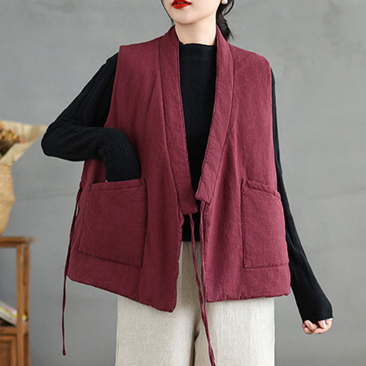 Buddha Stones無地レースアップ レディース ノースリーブ コットンベスト ウエストコート ポケット付き - image 9