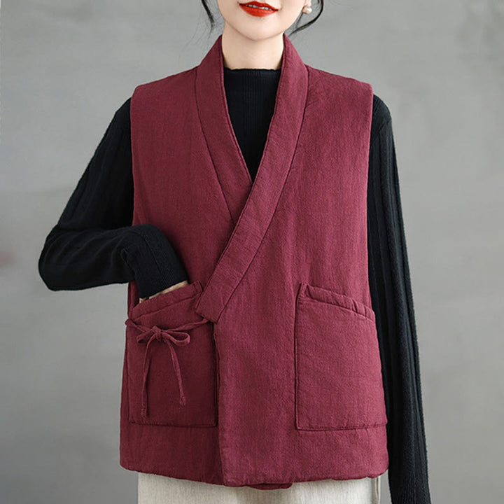 Buddha Stones無地レースアップ レディース ノースリーブ コットンベスト ウエストコート ポケット付き - image 11